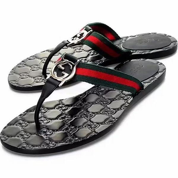 

new fashion men's summer outdoor beach slide sandals leather causal slippers male leisure flip flops, Black