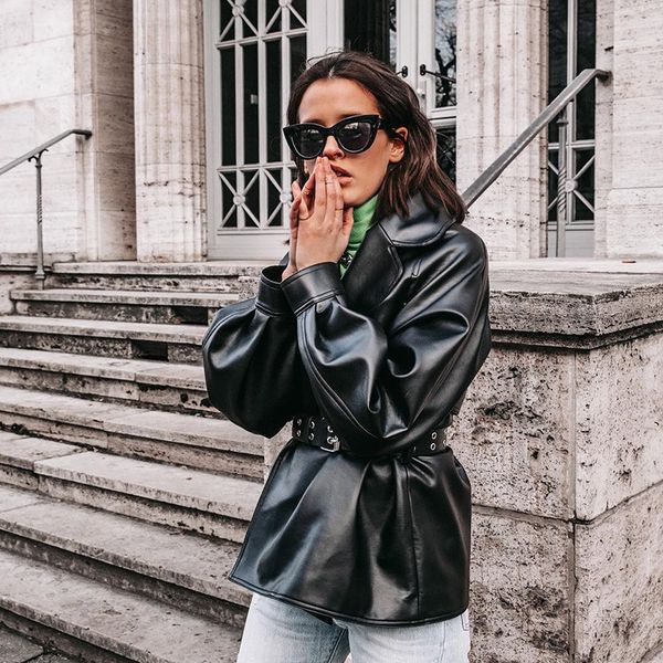 

black pu coat women simple pure color long sleeve tailored collar belted leather coat for women soft motorcycle jacket for, Black;brown