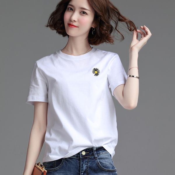

xduxk loose short sleeve pure women's summer cotton jacket cotton t-shirt 2020 white t-shirt all-match western style half sleeve daisy