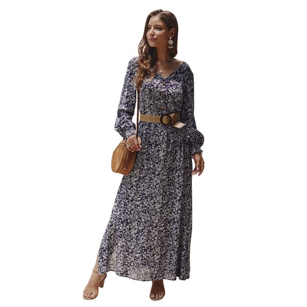 

женское платье осенняя мода boho стиль с длинным рукавом v образным вырезом длинное платье женская элегантная вечеринка макси сплит платье v, Black;gray