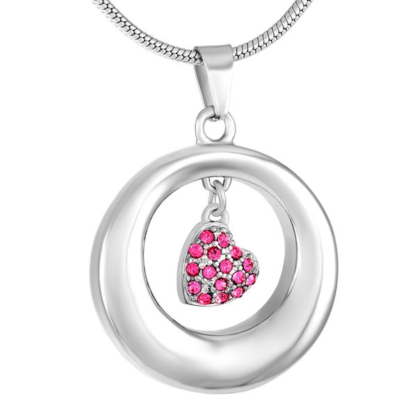 

new z286 hold pink crystal heart charm & circle stainless steel cremation jewelry for loved ones ashes memorial urn pendant, Silver