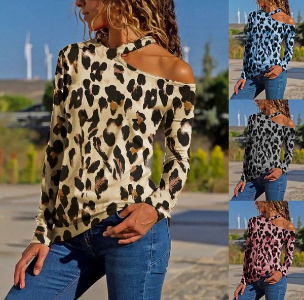 

Womens Summer Designer Slash Neck Shirts Leopard Print Fashion Sexy Clothing Long Sleeves Relaxed Casual Apparel