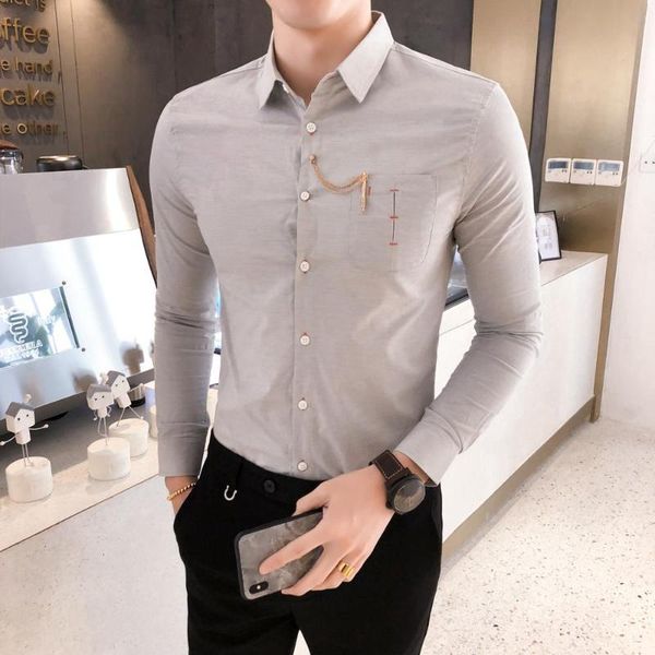 

men formal wear shirt autumn solid chains decor men shirts long sleeve simple slim fit men's social shirt dress 3xl, White;black