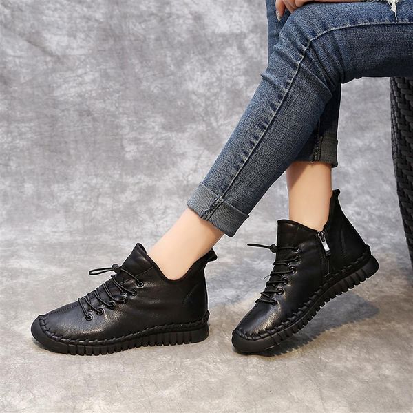 

2018 new women genuine leather boots vintage style flat booties soft cowhide women's shoes ankle boots female autumn winter, Black