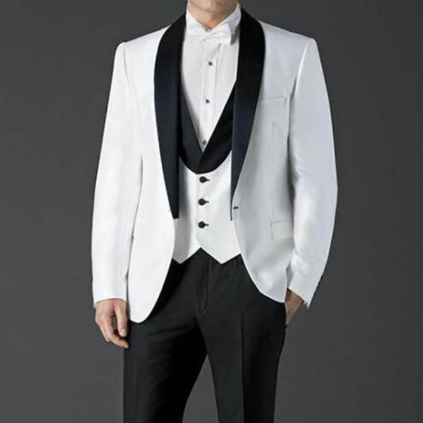 

three piece white and black wedding groom tuxedos shawl lapel one button men suits jacket pants vest, Black;gray