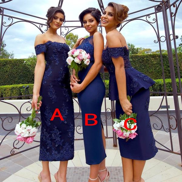 

sell navy blue short sheath bridesmaid dresses 2019 mermaid appliques sequins tea length maid of honor gowns custom made, White;pink