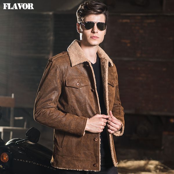 

2016 men's real leather jacket pigskin denim with faux fur lining jackets genuine leather jacket men coat, Black