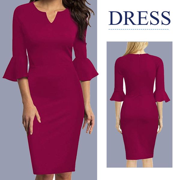 

women dress evening party y-neck package hip high waist three quarter sleeve solid elegant shopping work daily knee length midi, Black;gray