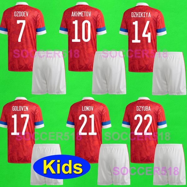 

akhmetov dzyuba russia 2020 kids red jerseys and shorts golovin cheryshev ozdoev football uniforms kudryashov dzhikiya lonov maillot de foot, Black;yellow