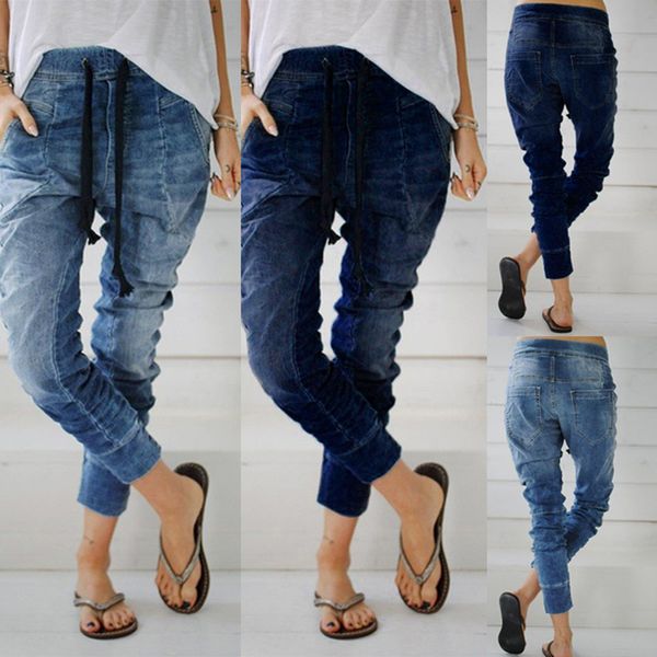 

women large size stretch plus loose denim jeans elastic plus casual drawstring cropped women's jeans autumn 12.3, Blue