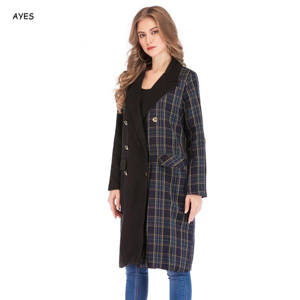 

2019 autumn wool plaid coat patchwork harajuku long woolen coat female winter wool jackets women black long outerwear streetwear