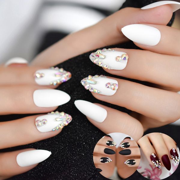 

gorgeous jewelly fake nails custom matte rhinestones 3d handmade press on nails finger nail tips, Red;gold