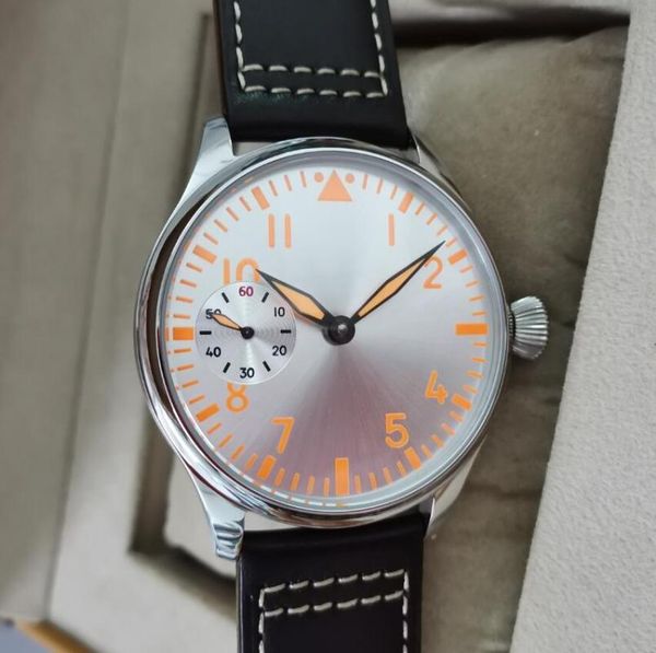 

44mm not have mechanical hand wind men's watch silver dial orange number mineral/sapphire seagull st3600-2 movement g040, Slivery;brown