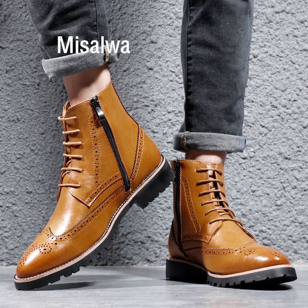 

misalwa british brogue men boots zipper ankle male oxford boots 37-44 size spring / winter warm leather elegant decent shoes, Black