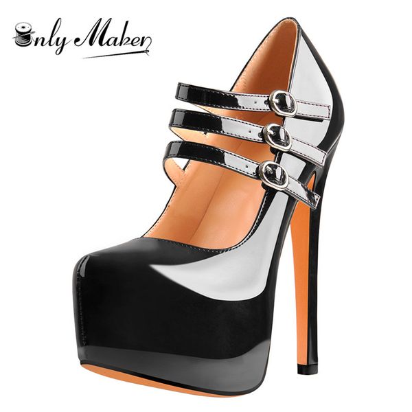 

onlymaker women mary jane platform pumps ankle strap stiletto 16cm high heels dress buckle black shoes big size us5~us15