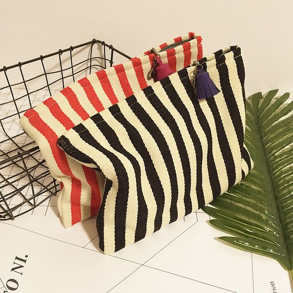 

striped canvas handbag female clutch bag zipper wallet thick tassel pendant fashion new cosmetic bag
