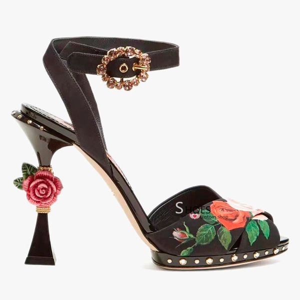 

Романтические Открытым Носком Цветочные Печати Летняя Обувь Урожай Розы Украшен