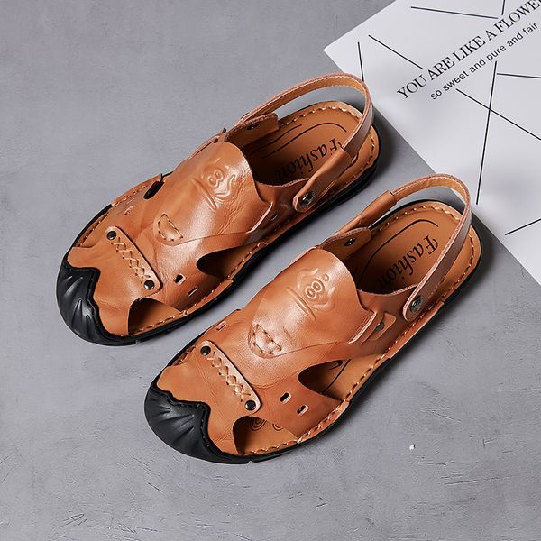

new male shoes genuine leather men sandals summer shoes beach sandals men fashion outdoor casual hollow slippers, Black