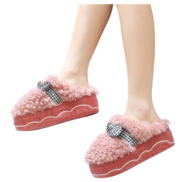 

bow flat bottom thick bottom non-slip warm cotton slippers home indoor winter cotton slippers bow warm for women #t, Black