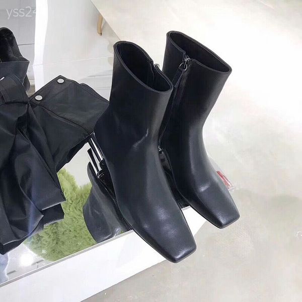 

2019 winter and autumn high heel women's boots thick leisure ankle boots female white martin boots soft leather short tube zip ankle bo, Black