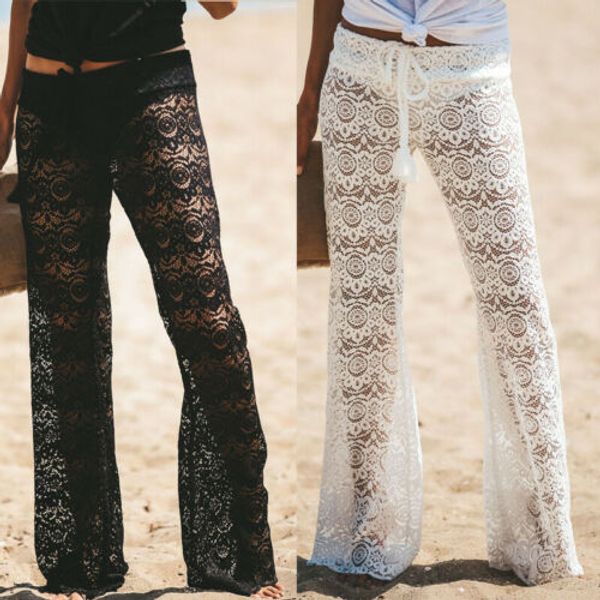 

womens palazzo wide leg trousers ladies plain flared pant plus size ladies summer loose beach wear fashion hollow out long pants, Black;white