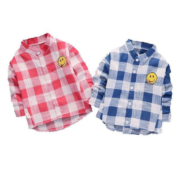 

2018 autumn & winter children's shirt new style men and women children lapel shirt plaid smiley, White;black