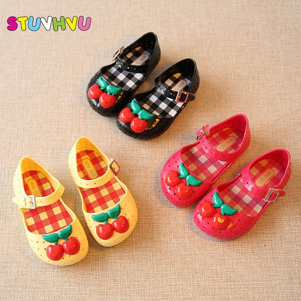 

2- years kids girls jelly satin cherry pvc soft outsole children sandals shoes waterproof breathable skid-proof insole 14-16.5 cm, Black;red