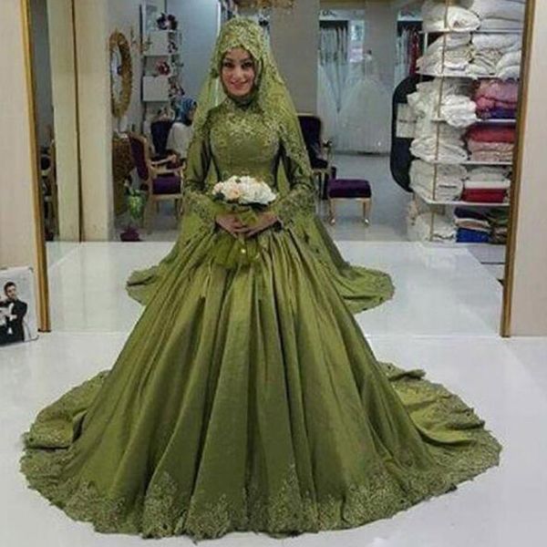

robe de mariage 2020 green muslim wedding dress long sleeve saudi arabia high neck applique wedding dresses vestido de noiva ing, White