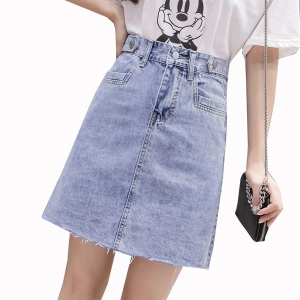 

2020 summer pocket women jeans skirts casual high waist was thin hole skirt ladies korea button hole a-line mini denim skirt, Black