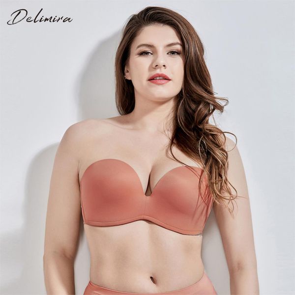 

delimira women's slightly lined lift support invisible seamless plunge strapless bra plus size a-f cup, Red;black