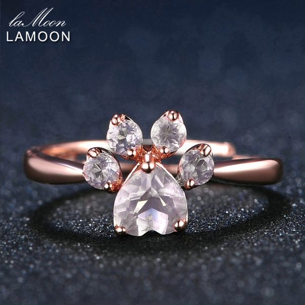

lamoon 925 sterling silver ring for women bear paw rose quartz gemstone 18k rose gold adjustable ring fine jewelry ri027-2, Slivery;golden