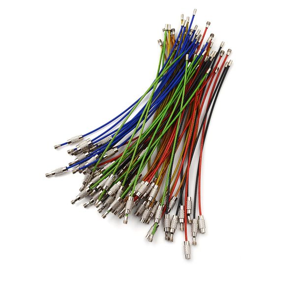 

50pcs colorful screw locking stainless steel wire keychain cable rope key holder keyring key chain rings cable outdoor keychain, Slivery;golden