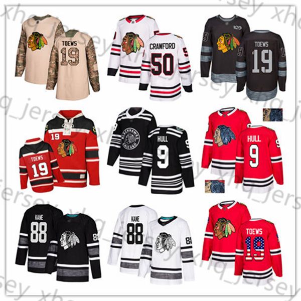 

custom chicago blackhawks jersey 9 bobby hull 88 patrick kane 19 jonathan toews 12 debrincat 50 crawford 64 keith usa flag hockey jerseys, Black;red