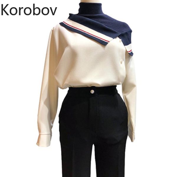 

korobov women blouses korean turtleneck long sleeve shirts chic hit color patchwork fake two piece blusas mujer 79497, White
