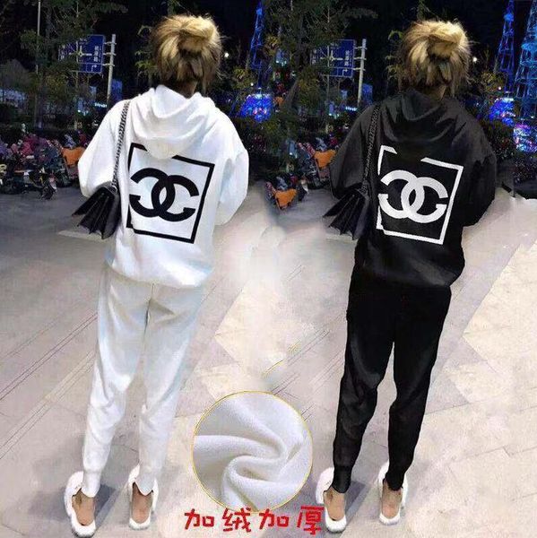 

autumn/winter new women's hoodie + trousers high-end design fashion trend outdoor leisure double c letter print thermal two-piece set, Black