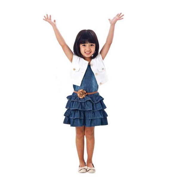 

summer sets jacket layered skirts 2pc girls suits models vest jeans children clothes sets 2-7 years s, White