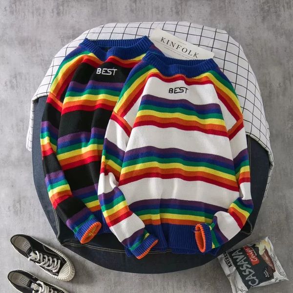 

men's & women's sweater fashion mens rainbow striped hoodies casual couple loose crew neck sweatshirt 2 colors size -2xl, White;black