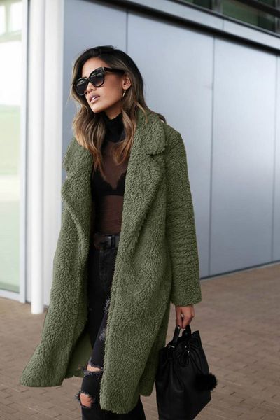 

women faux fur army green coat winter spring thick warm fluffy long fur coats lapel shaggy jackets overcoat, Black