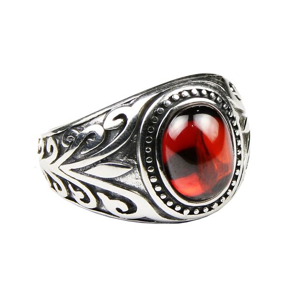 

real 925 sterling silver jewelry vintage rings for men engraved flowers with black onxy red garnet natural stone fine jewellery c19041203, Slivery;golden
