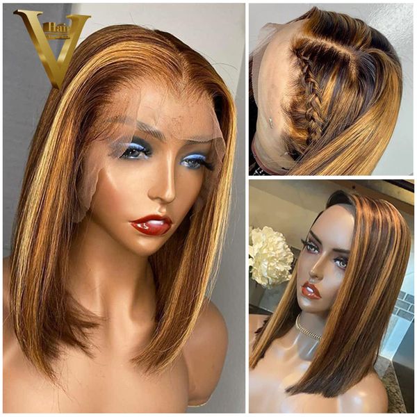 

lace wigs short bob highlight wig straight honey blonde 13x6 front human hair for women pre plucked brazilian remy 150 density, Black;brown
