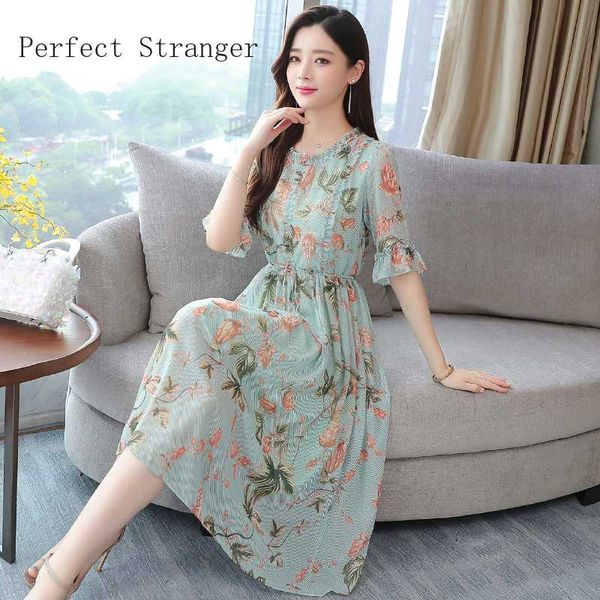 

2020 summer new arrival round collar short sleeve printed women chiffon long dress, Black;gray