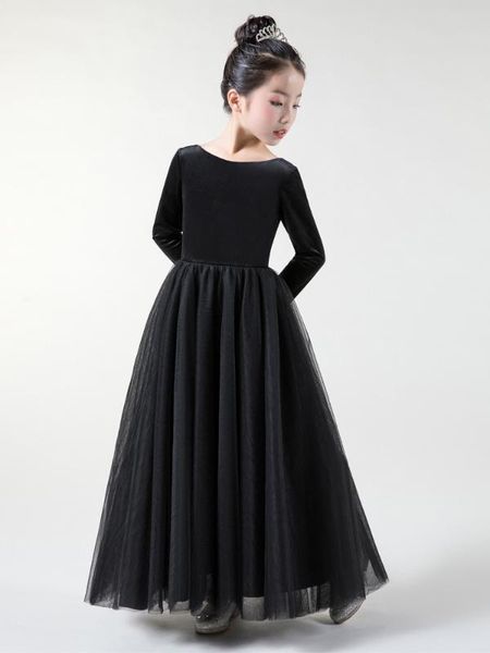 

tick tok 2020 new girl's black long sleeve evening dress lovely piano performance dress violin performance princess skirt summer, Red;yellow