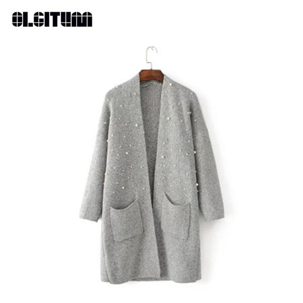 

new fashion 2018 women's solid color beaded sweater cardigan thick coat female long sweater cardigan sw819, White