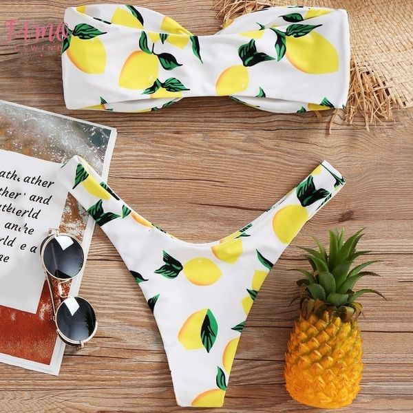 

lemon print twist bandeau bikini set strapless high cut leg bikini swimwear women thong push up bathing suit swimsuit, White;black