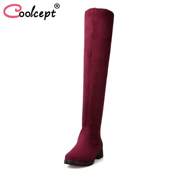 

coolcept size 33-43 women over knee boots platform solid shoes female elastic heels botas classic round toe footwear, Black