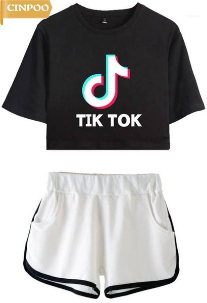 

cinpoo ladies/girls tik tok printed t-shirt music video app logo crop with shorts hip hop streetwear pyjama sets11, White