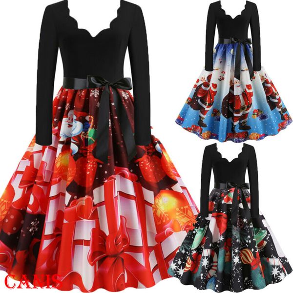 

women's christmas midi swing dress ladies long sleeve vintage print long sleeve dress party skater vestidos de verano, Black;gray