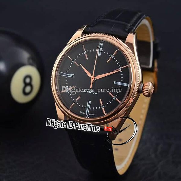 

new cellini time m50505 18k rose gold black dial a2813 automatic mens watch fluted bezel stick roman markers black leather puretime r30c3, Slivery;brown