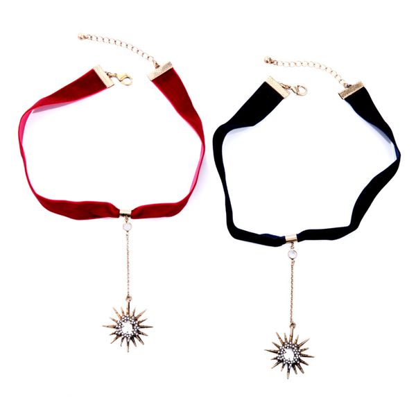 

fashion retro short choker necklace for women dark blue & red ribbon velveteen star pendant charm jewelry neck accessories, Golden;silver