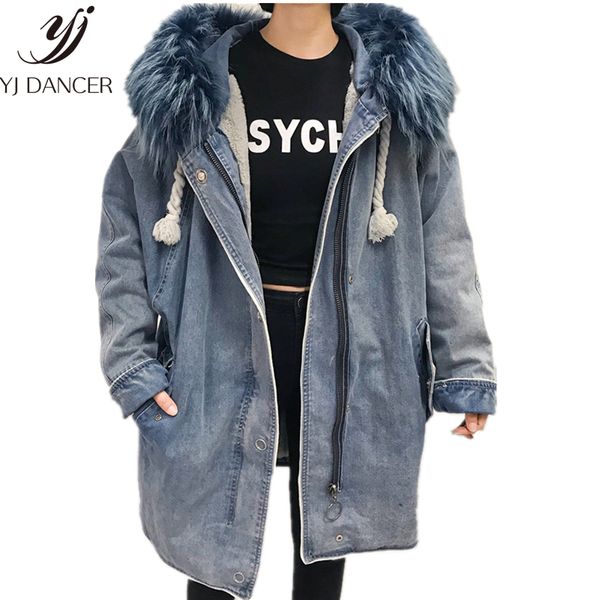 

large size women's denim coat 2018 fashion new long section cotton coat plus velvet lamb hooded fur collar denim jacket female, Black